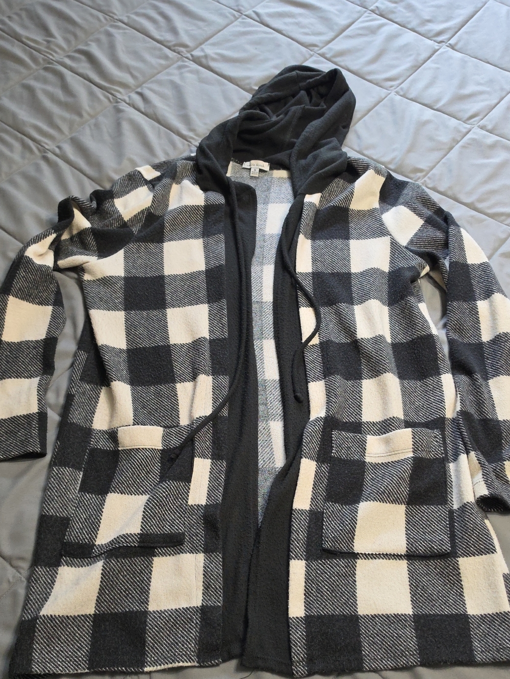 white birch Black & White Buffalo Check Hooded Open Cardigan